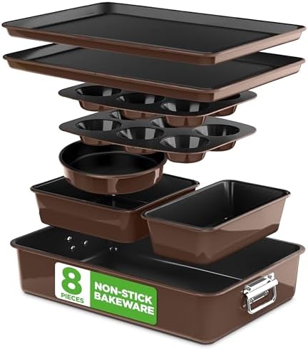 NutriChef 8-Piece Nonstick Stackable Bakeware Set - PFOA, PFOS, PTFE Free Baking Tray Set w/Non-Stick Coating, 450°F Oven Safe, Round Cake, Loaf, Muffin, Wide/Square Pans, Cookie Sheet (Brown)
