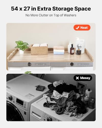 VEVOR Washer Dryer Countertop with 3 Splicing Panels, 54" x 27" Wooden Washer and Dryer Countertop with 2 Hooks, Water-Resistant Laundry Topper for Laundry Room Organization and Storage, Oak