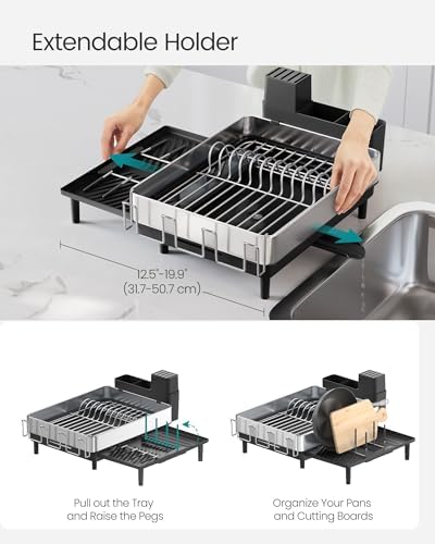 SONGMICS Dish Drying Rack, Expandable Stainless Steel, with Rotatable Spout