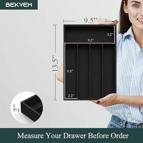 Bamboo Kitchen Sliverware Drawer Organizer (Black, 9.5''W x 13.5''D)