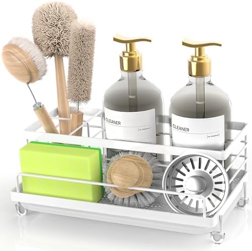 Cisily Sponge Holder for Kitchen, Sink Caddy Organizer, Kitchen Sink Accessories with Drip Tray, Rustproof and Non-slip Kitchen Sink Sponge Holder (White)