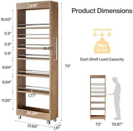 Tribesigns 73" Tall Slim Storage Cart on Rubber Wheels, 7-Tier Narrow Pantry Cabinet, Rolling Skinny Spice Rack Organizer Next to Fridge, Wooden Pull-Out Storage Shelf for Kitchen Small Spaces, Brown