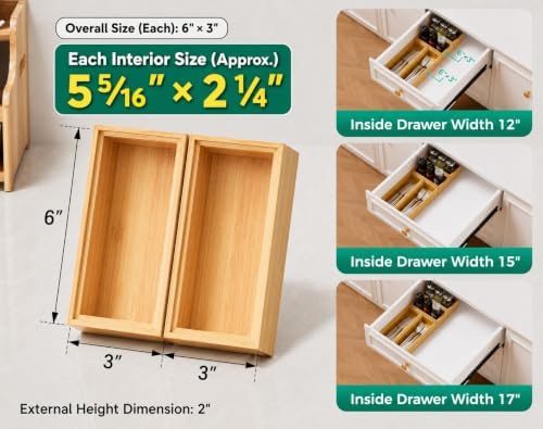Small Bamboo Kitchen Drawer Organizer Boxes 6" x 3" Stackable Wood Tray