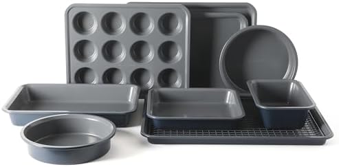 Calphalon Legacy 10-Pieces Nonstick Bakeware Set PFOA-Free, Baking Sheet Set, Carbon Steel Bakeware Pans Collection, High-Heat Oven Safe, for Cookies, Cakes, and Muffins -Blue/Grey Interior