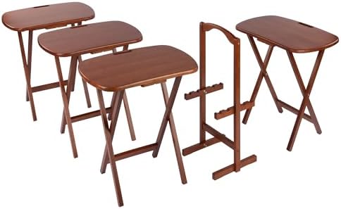 Winsome Lucca Set of 4 Foldable Snack Tables with Storage Rack, Teak