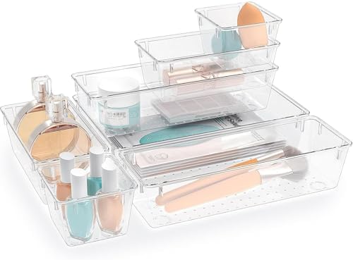 7 PCS Plastic Drawer Organizers Set, 4 Size Desk Drawer Organizer Trays