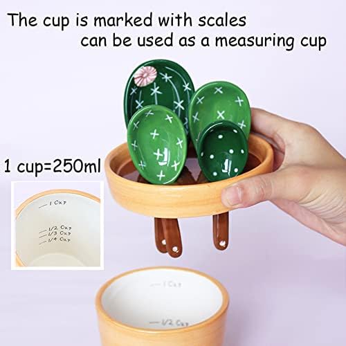 Cactus Measuring Spoons Set in Pot Ceramic Cute Measuring Cups and Spoons Unique Baking Gifts for Dry Wet Ingredients Dishwasher Safe 1 Tbsp 1 TSP 1/2 TSP 1/4 TSP 1 Cup Green