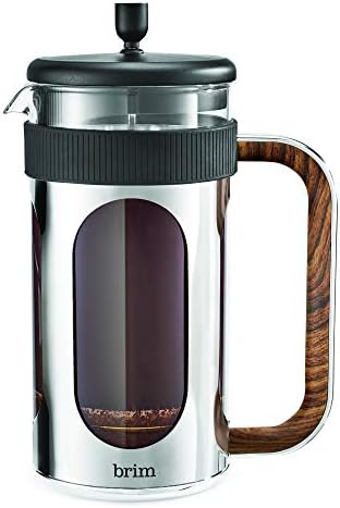 brim 8 Cup French Press, Quickly Brew Coffee in Under 5 Minutes, Classic Design with Modern Twist, Dishwasher Safe Carafe for Easy Cleaning, Replacement Filter Included, Stainless Steel/Wood