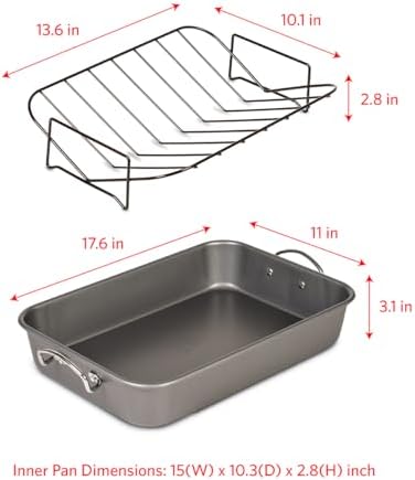 Glad Roasting Pan Nonstick 11x15 - Heavy Duty Metal Bakeware Dish with Rack - Large Oven Roaster Tray for Baking Turkey, Chicken, and Veggies