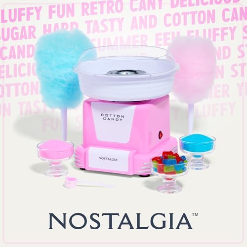 Nostalgia Cotton Candy Machine -Cotton Candy Maker With 2 Reusable Cones, 1 Sugar Scoop - Cotton Candy Machine for Kids Works with Flossing Sugar or Hard Candy for Fun & Convenience-Pink