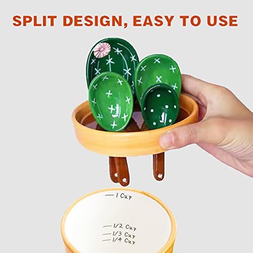 Cactus Measuring Spoons Set in Pot, Cute Ceramic Measuring Cups