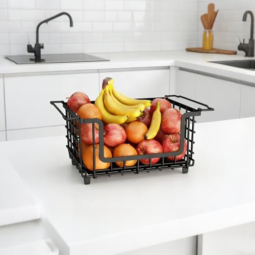 1 Pack Stackable Metal Wire Vegetable Fruit Basket for Kitchen Counter Cabinet, Pantry Organizers and Storage Basket, Food Can Snack Onion Potato Bread Storage Shelf Freezer Organizer Bins Black