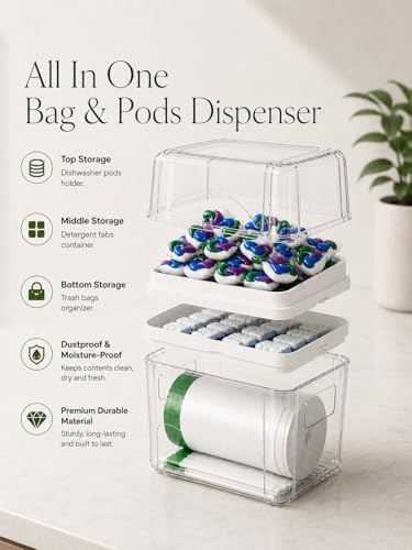 Trash Bag Dispenser Dishwasher Pods Organizer, Clear Acrylic Garbage Bag Holder Under Sink Organizer, Laundry Pods Container Kitchen Pantry Laundry Room