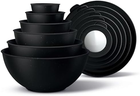 COOK WITH COLOR Mixing Bowls with TPR Lids - 12 Piece Plastic Nesting Bowls Set includes 6 Prep Bowls and 6 Lids, Microwave Safe (Speckled Black)