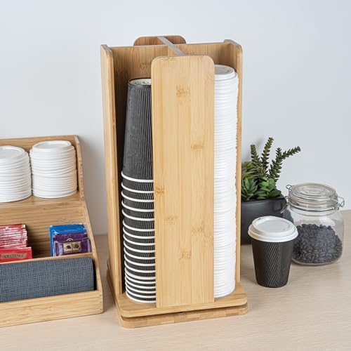 Restaurantware Restpresso 9 x 18 Inch Coffee Cup and Lid Organizer 1 Revolving Cup and Lid Holder - 4 Section Countertop Natural Bamboo Cup and Lid Dispenser For Restaurants Homes or Offices