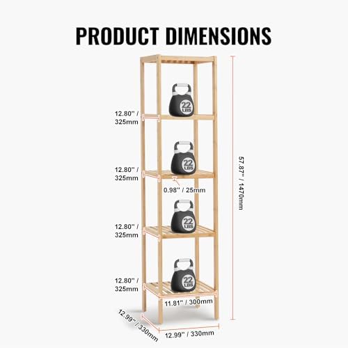 VEVOR 5-Tier Bathroom Standing Shelf, Narrow Shelving Unit, Display Storage Rack Organizer, Freestanding Flower Plant Stand, Multifunctional Bamboo Shelf Ideal for Bathroom, Kitchen, Home, Natural