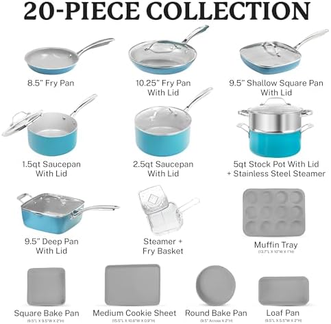 Gotham Steel 20 Piece Pots and Pans Set Nonstick Cookware Set, Pot and Pan Set, Kitchen Cookware Sets, Ceramic Cookware Set, Ceramic Pots and Pans Set, Pot Set, Dishwasher Safe, Aqua Blue