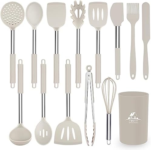 MIBOTE Silicone Kitchen Cooking Utensils Set, Steel Handle, Khaki
