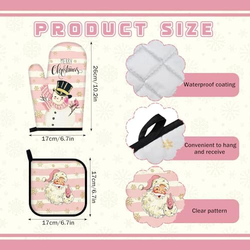 12 Pcs Christmas Pink Kitchen Towels and Oven Mitt Sets 4 Santa Claus Oven Mitts 4 Snowman Dish Towels and 4 Plaid Wreath Pot Holders Cooking Accessories for Winter Holiday Kitchen Decoration