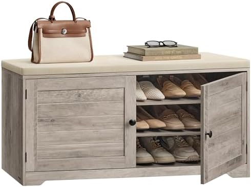 VASAGLE 3-Tier Shoe Storage Bench with Cushion, 14 x 39.8 x 20.7 Inches