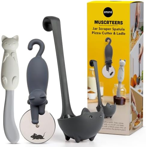 OTOTO Muscateers Bundle of Mary Cat, Katie, Kitty - Jar Scraper Spatula, Soup Ladle, Pizza Cutter - Cute Kitchen Accessories, Spooky Gothic Cat Gifts for Women, Kitchen Gifts, Halloween Gifts