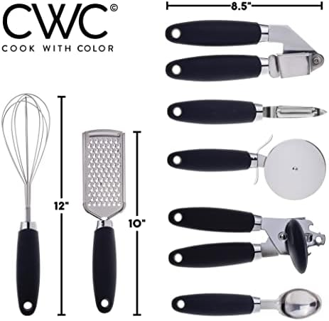 COOK WITH COLOR Kitchen Gadget Set Stainless Steel Utensils with Soft Touch Handles, 7 Pieces, Stainless Steel Black