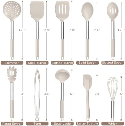 Onader Silicone Kitchen Utensils Set of 10, Cooking Utensils with Holder and Heat Resistant Stainless Steel Handle for Nonstick Cookware - Khaki