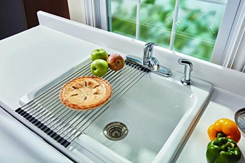 Farberware Dish Drying Rack Over the Sink, Large Stainless Steel Rolling Drying Rack for Kitchen Counter, Rust-Resistant Rods, Holds Up to 22 lbs, Dishwasher Safe