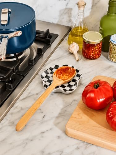 Miamolo Spoon Rest for Stove Top, 5.3in Checkered Spoon Holder Utensil Rest, Ceramic Spoon Rests for Coffee Bar, Kitchen Gadget Cooking Gift for Housewarming - Heat Resistant & Dishwasher Safe