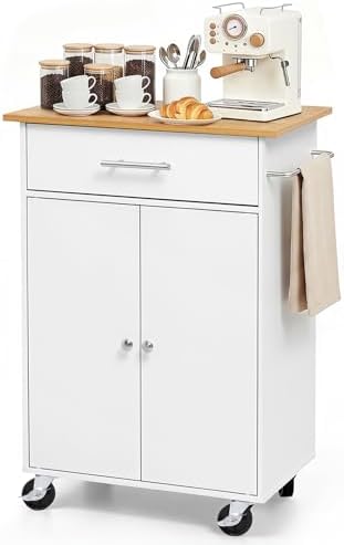 VEVOR Kitchen Island Cart with Storage, 24.84 in Wide Mobile Rolling Storage Island on Swivel Wheels, with Drawer, Storage Cabinet, Towel Rack, Hooks, Table for Home Dining Room, White