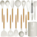 oannao Silicone Cooking Utensils Set - 446°F Heat Resistant Silicone Kitchen Utensils for Cooking,Kitchen Utensil Spatula Set w Wooden Handles and Holder for Non-Stick Cookware (Cream White)