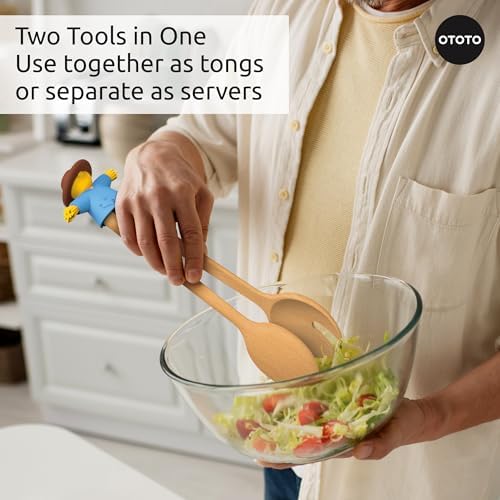 NEW - OTOTO Sal Scarecrow Salad Tongs (2-Piece) - Wooden Tongs Set, Food Safe Toaster Tongs for Serving, Cute Kitchen Tongs, Cool Kitchen Gadgets Accessories, Funny Gifts, Mini Tongs (Blue)