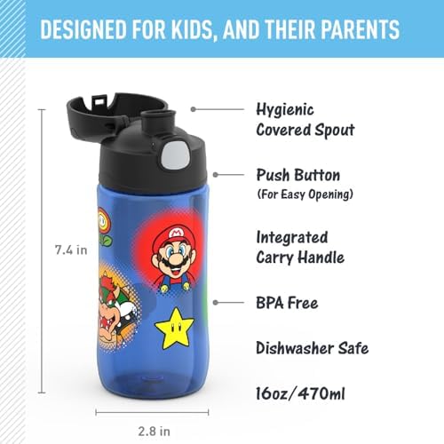 THERMOS FUNTAINER 16 Ounce Plastic Hydration Bottle with Spout, Mario, 16 Ounces (Pack of 6)