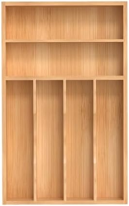 Silverware Organizer, Bamboo Kitchen Drawer Organizer, Utensil Holder, Cutlery Tray & Spoon Flatware Storage with Grooved Drawer Dividers (10''W x 16''D)
