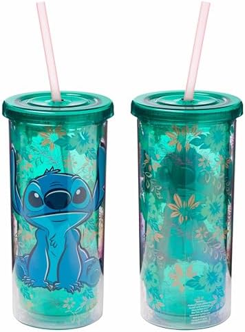 Silver Buffalo Disney Lilo and Stitch Tropical Pattern Plastic Tall Cold Cup with Lid and Straw, 20 Ounces (Pack of 12)