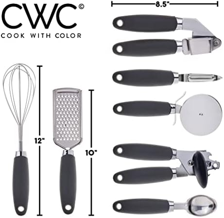 COOK WITH COLOR Kitchen Gadget Set Stainless Steel Utensils with Soft Touch Handles, 7 Pieces, Stainless Steel Grey