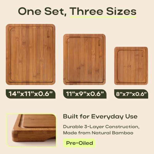 ROYAL CRAFT WOOD Wooden Cutting Boards for Kitchen Meal Prep & Serving - Bamboo Non Toxic Cutting Board Set with Deep Juice Groove Side Handles - Charcuterie & Chopping Butcher Block for Meat (3 Pcs)