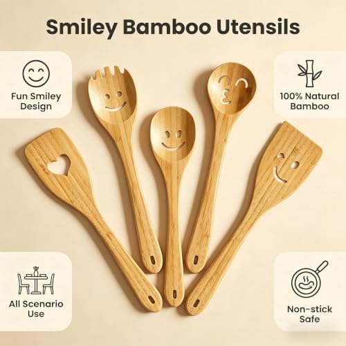 Smiley Face Wooden Spoons Set, 5-Piece Organic Bamboo Cooking Utensils