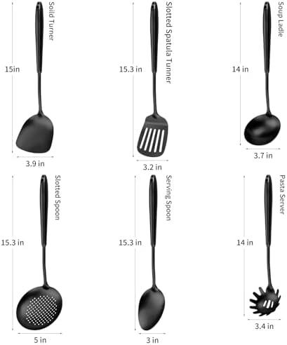 304 Stainless Steel Cooking Utensils,6 Pcs Kitchen Cooking Utensils Set with Spatula, Solid Spoon, Ladle, Skimmer, Spaghetti Spoon,Dishwasher Safe(Black)