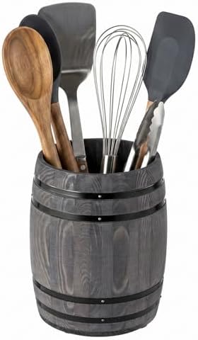 MyGift Wine Barrel Design Kitchen Utensil Crock, Vintage Gray Solid Wood Cooking Tool Holder