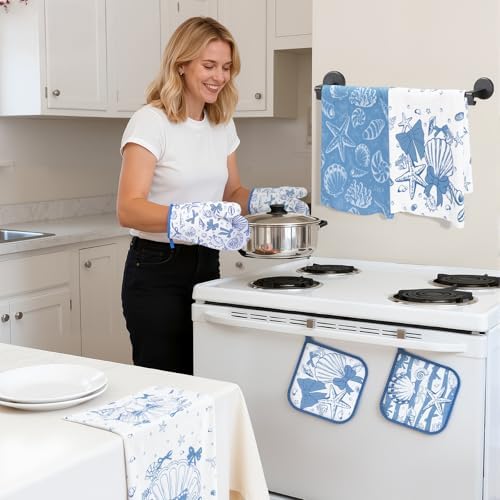 13 Pcs Beach Kitchen Decor Set 3 Seashell Kitchen Curtains Valance 2 Blue Bow Rugs and Mats 4 Coastal Hand Towels 2 Pot Holders 2 Oven Mitts for Summer Home Decor Cooking Grilling Housewarming Gift