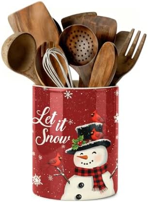 Christmas Snowman Kitchen Utensil Holder, Let It Snow Large Ceramic Utensil Holder For Countertop Organizer, 6.3'' Winter Cooking Utensil Crocks Festivel Decor Utensil Storage Cup for Kitchen