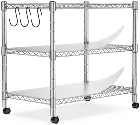 Heavy Duty 3-Shelf Shelving Unit, 24.02" W x 13.78" D x 21.97" H Chrome Steel Storage Rack with Wheels, 2 PP Shelf Liners and Hooks, Adjustable Under Desk Organizer for Kitchen, Office, Garage