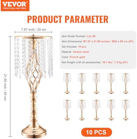 VEVOR 10PCS 55cm/21.65” Tall Crystal Wedding Flower Stand, Metal Wedding Centerpiece Vase, Gold Flower Holders Floral Display Rack for Tables Wedding Dinner Party, Ceremony Birthday Event Decor