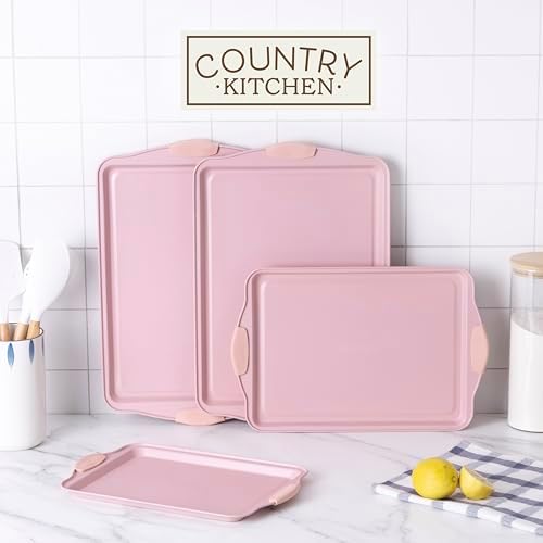 Country Kitchen Nonstick Stackable Bakeware Set - Heavy Duty, Durable, Easy Release Baking Set, Pink, 4 Pcs