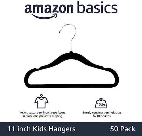 Amazon Basics Kids Space Saving Velvet Non-Slip Clothes Hangers with Shoulder Notches for Infant and Toddler, 11.6", Black, 50 Count (Pack of 4)