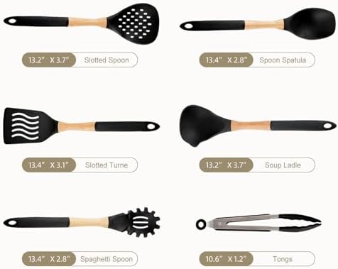 Kitchen Utensils Set - 7 PCS Non-Stick Silicone Cooking Utensils Set Spatula Set with Holder, Wooden Handle Spoon,Tongs,Whisk Kitchen Gadgets Tools Set for Nonstick Cookware (Black-7Max)