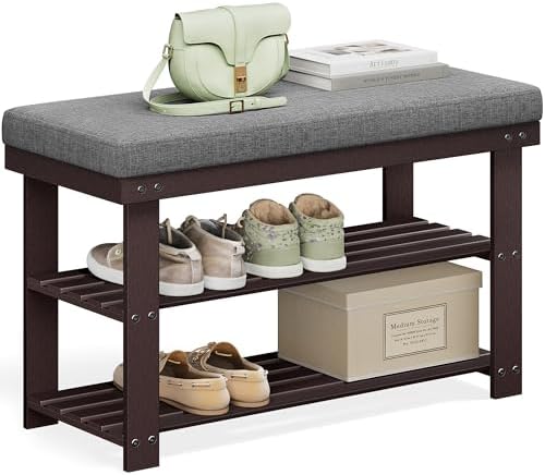 SONGMICS Bamboo Shoe Bench, 3-Tier Shoe Rack, 11.9 x 28.3 x 19.2 Inches