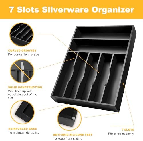 Kitchen Bamboo Silverware Organizer, Kitchen Drawer Organizer - Utensil Holder and Cutlery Tray with Grooved Drawer Dividers for Flatware 7 Slot, Black