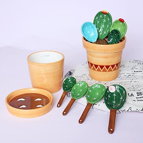 Cactus Measuring Spoons Set in Pot Ceramic Cute Measuring Cups and Spoons Unique Baking Gifts for Dry Wet Ingredients Dishwasher Safe 1 Tbsp 1 TSP 1/2 TSP 1/4 TSP 1 Cup Green